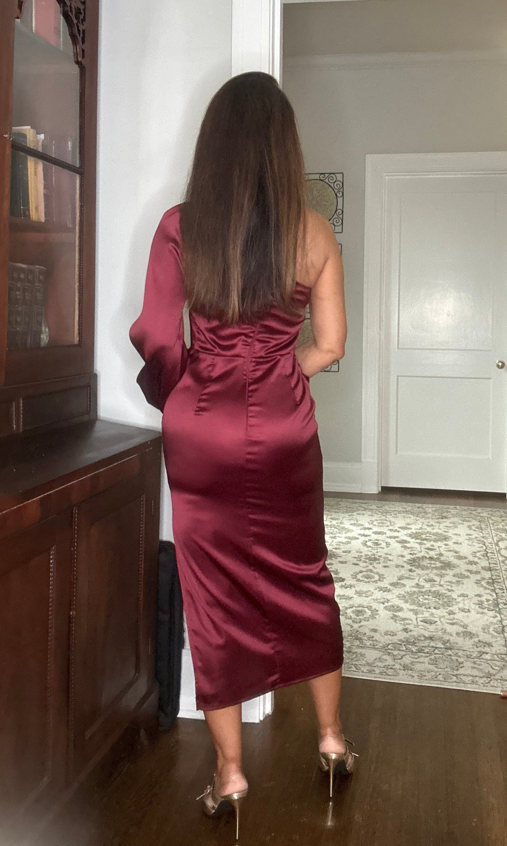 Marlene wine satin one shoulder long sleeve midi dress