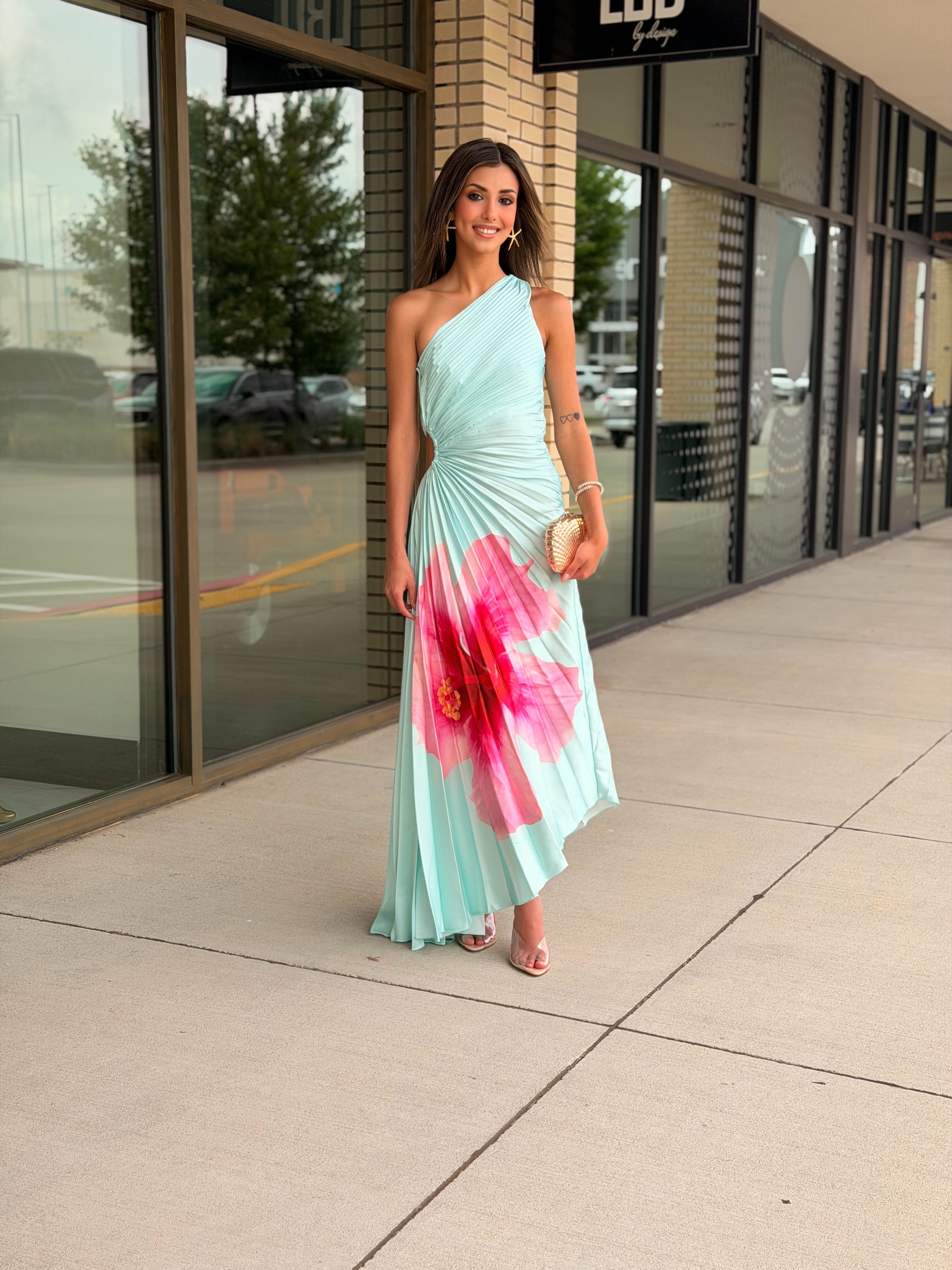 Talia Mint One Shoulder Pleated Cut Out Midi Dress