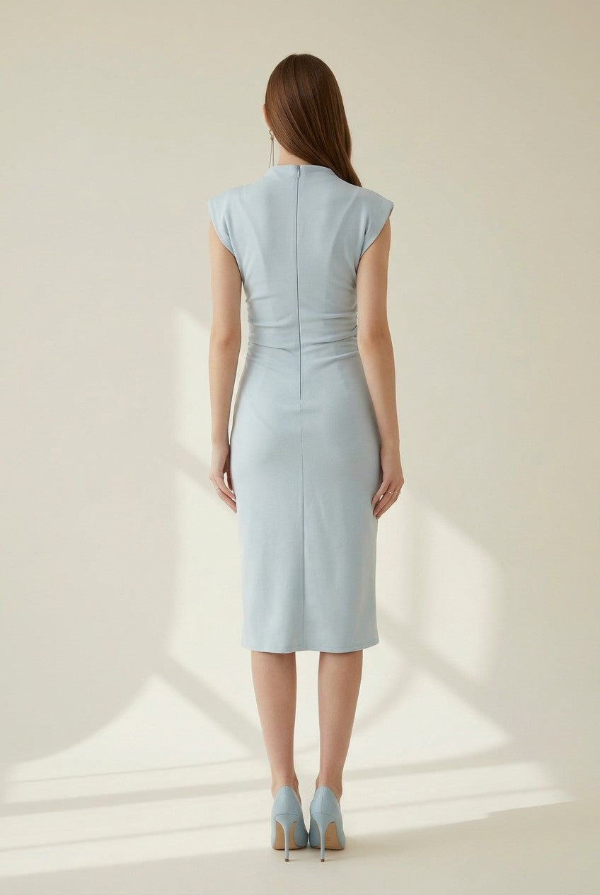 Wynn Light Blue Round Neck Cap Sleeve Side Ruched Midi Dress