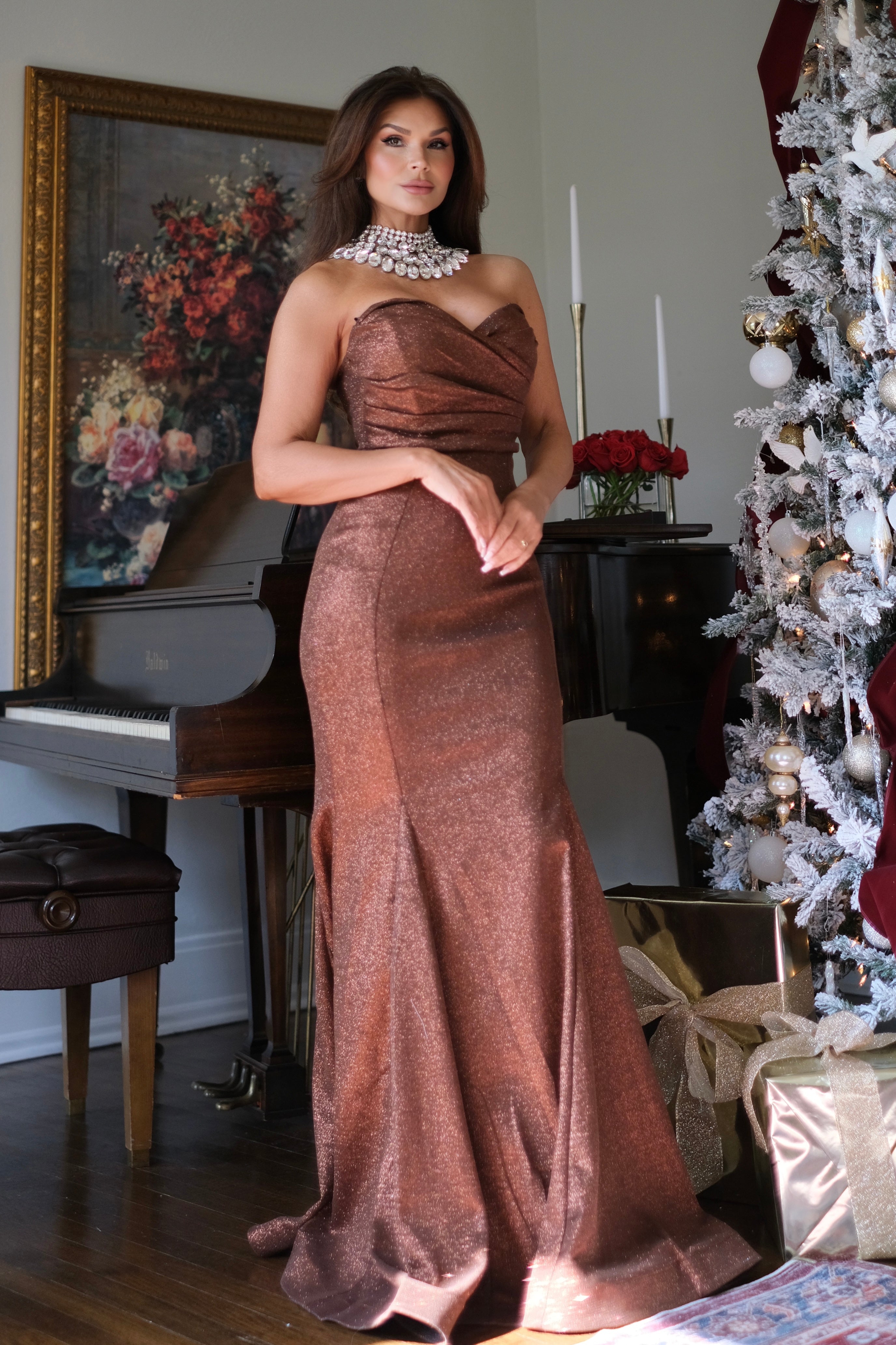 Karissa Bronze Shimmer Formal with Sweetheart Neckline