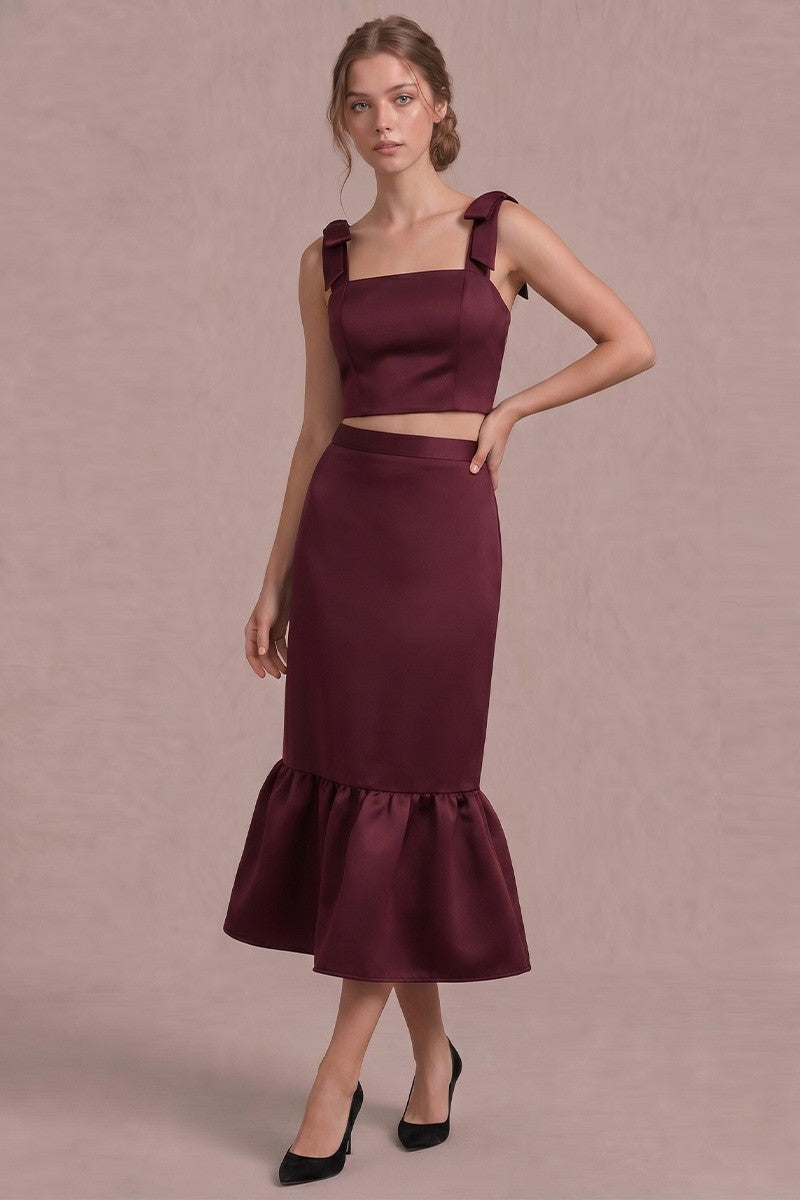 Stella Burgundy Ruffle Hem Satin Skirt