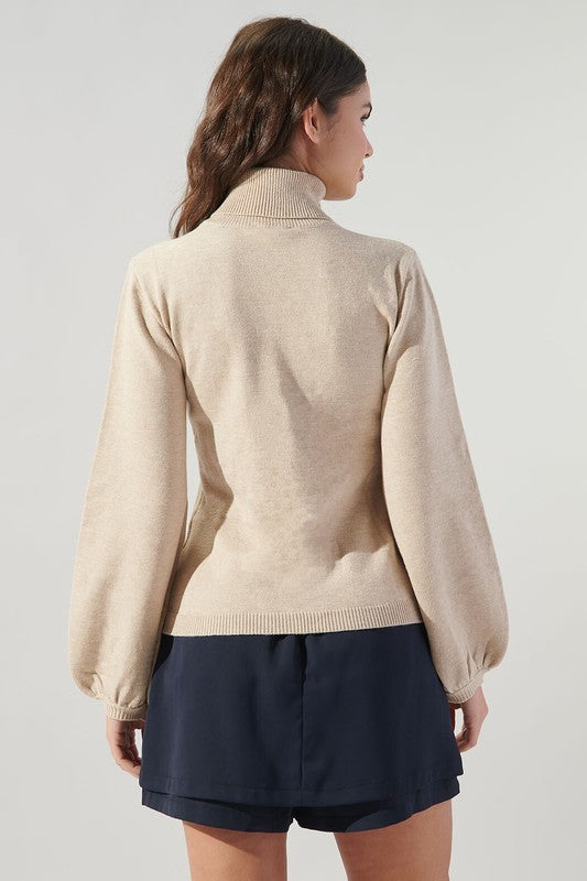 Oddie Oatmeal Lantern Sleeve Turtleneck Sweater