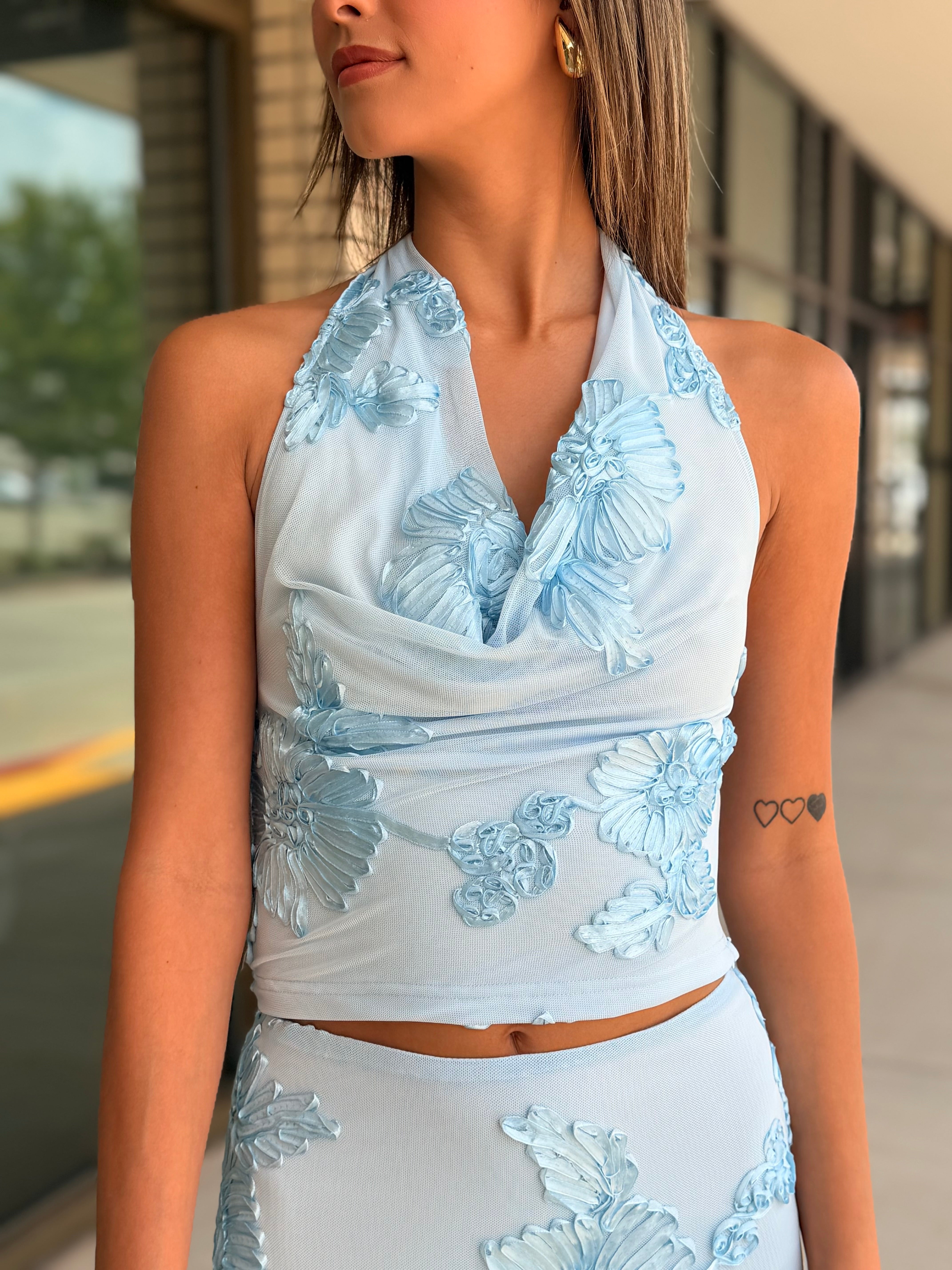 Diana Light Blue Floral Halter Tie Top
