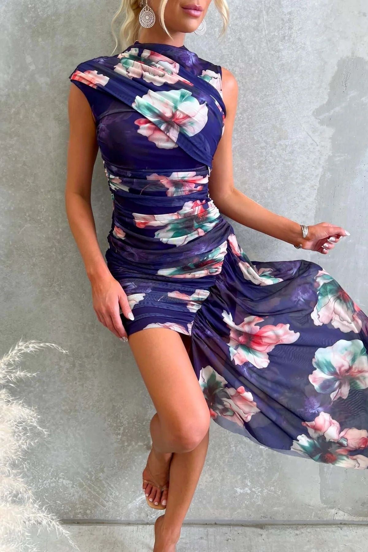 Layla Purple Asymmetric Floral Ruched Mini Dress