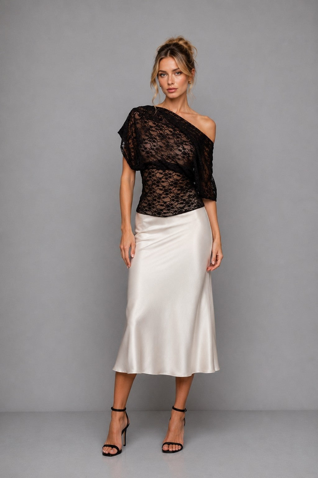 Greta Black Lace Asymmetric Draped Top