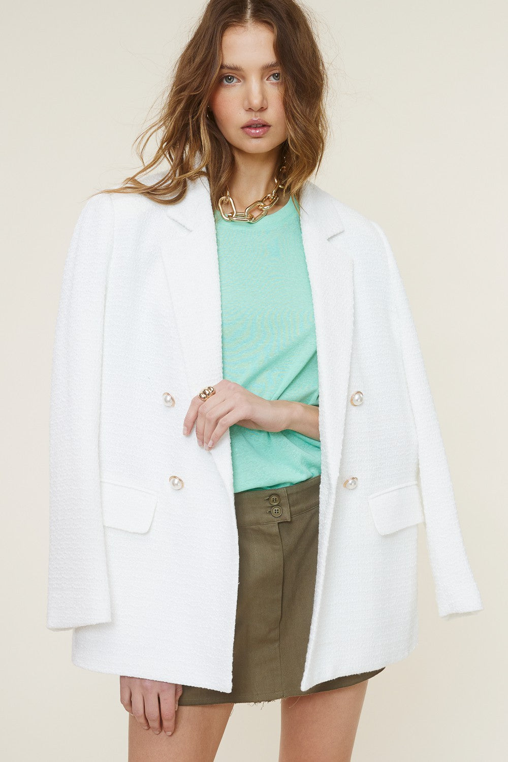 Mari White Pearl Button Tweed Jacket