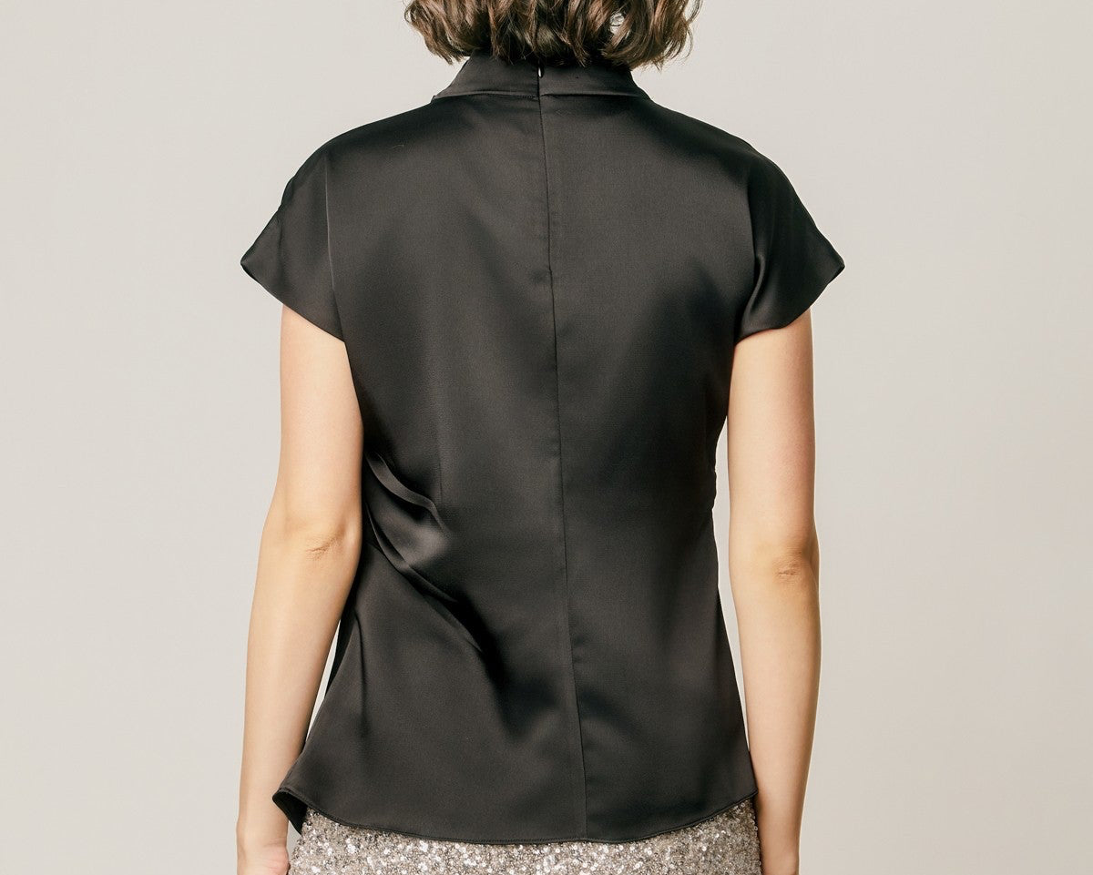 Becky Black Draped Satin Mock Neck Top