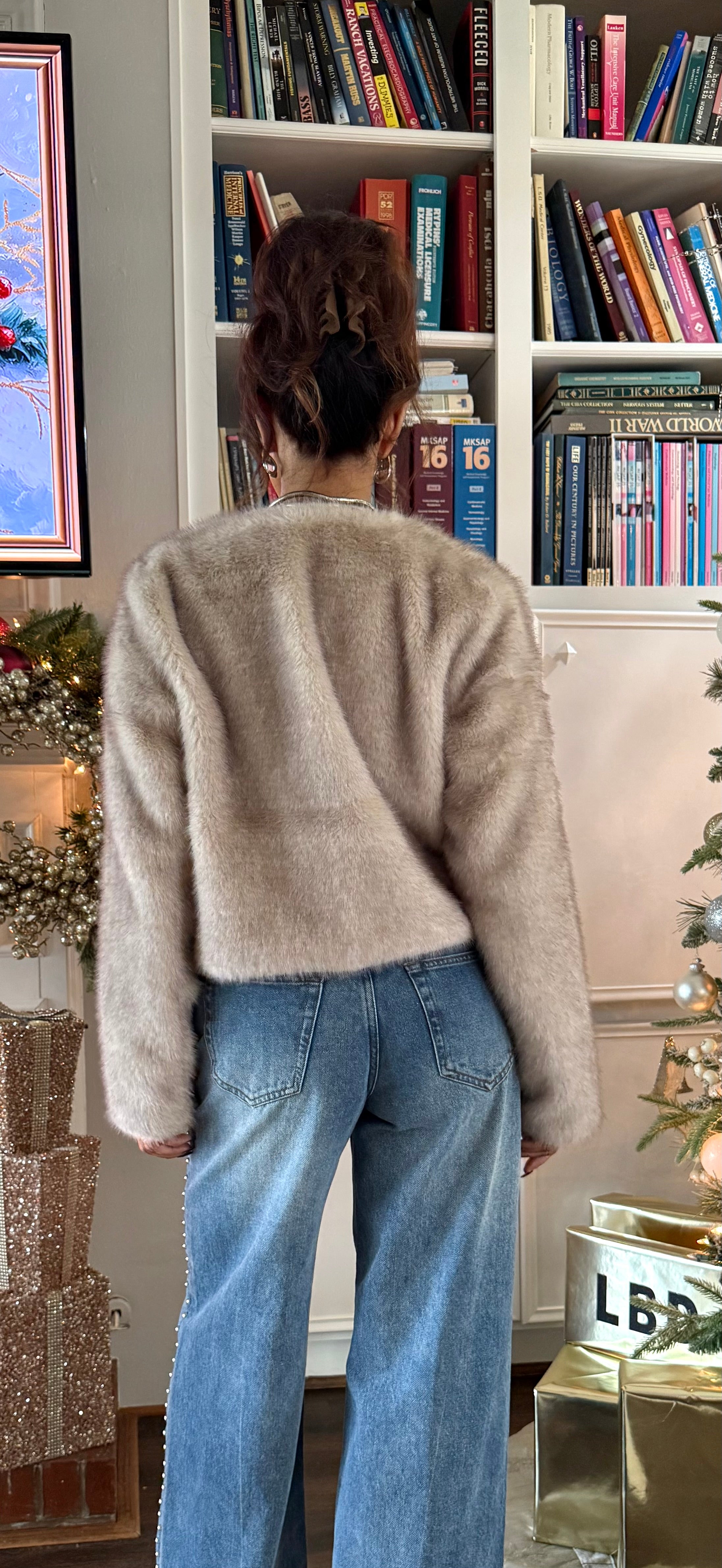 Mason grey faux fur two button crop jacket