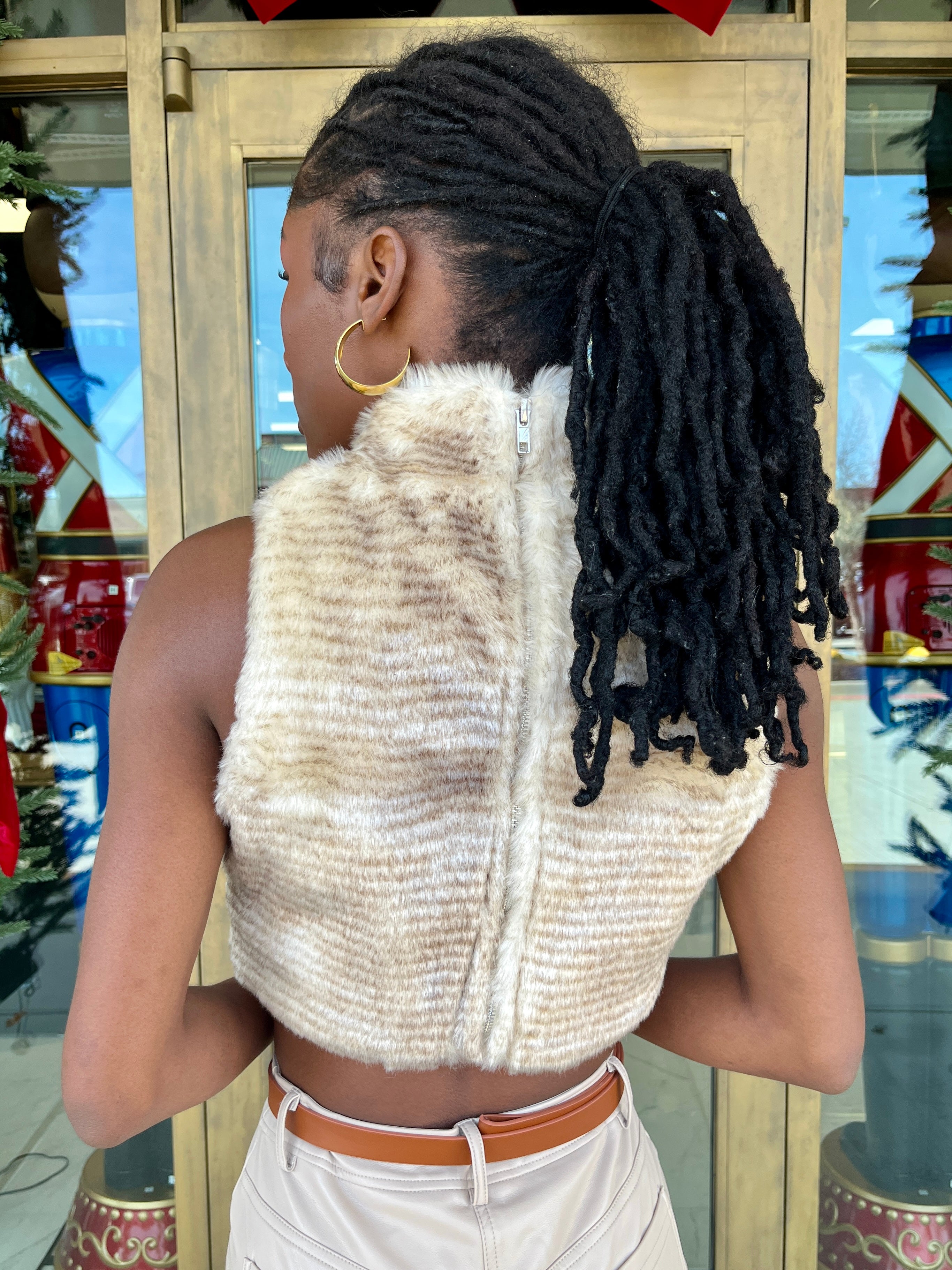 Silva beige faux fur high neck crop top