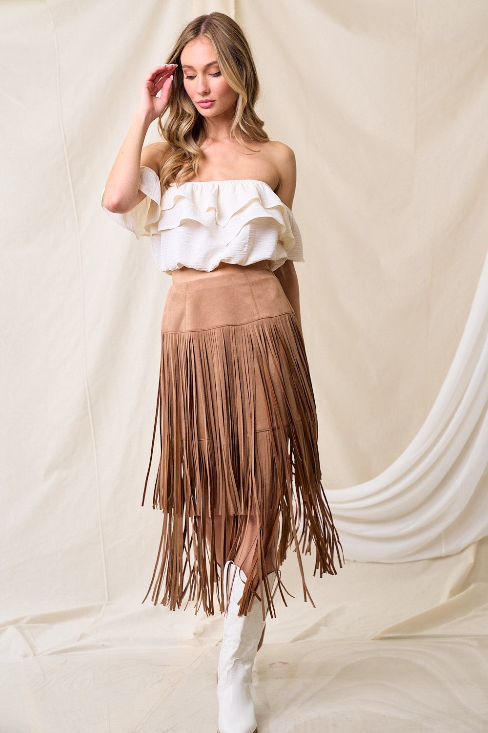 Riley Tiered Suede Fringe Midi Skirt