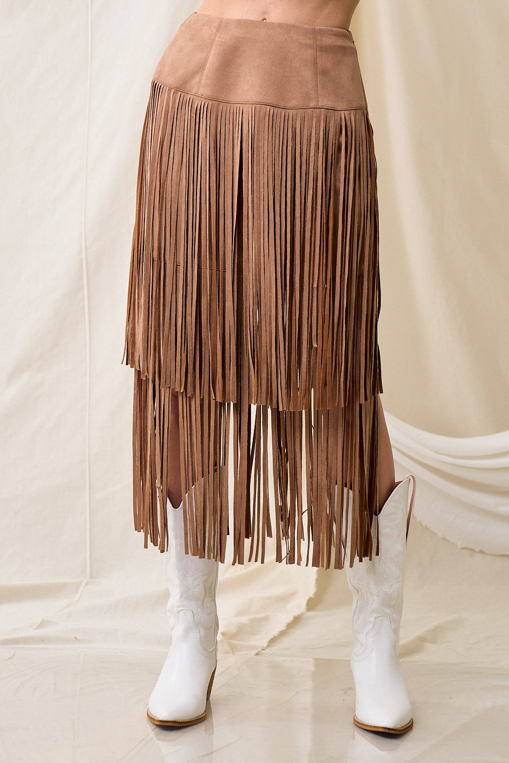 Riley Tiered Suede Fringe Midi Skirt