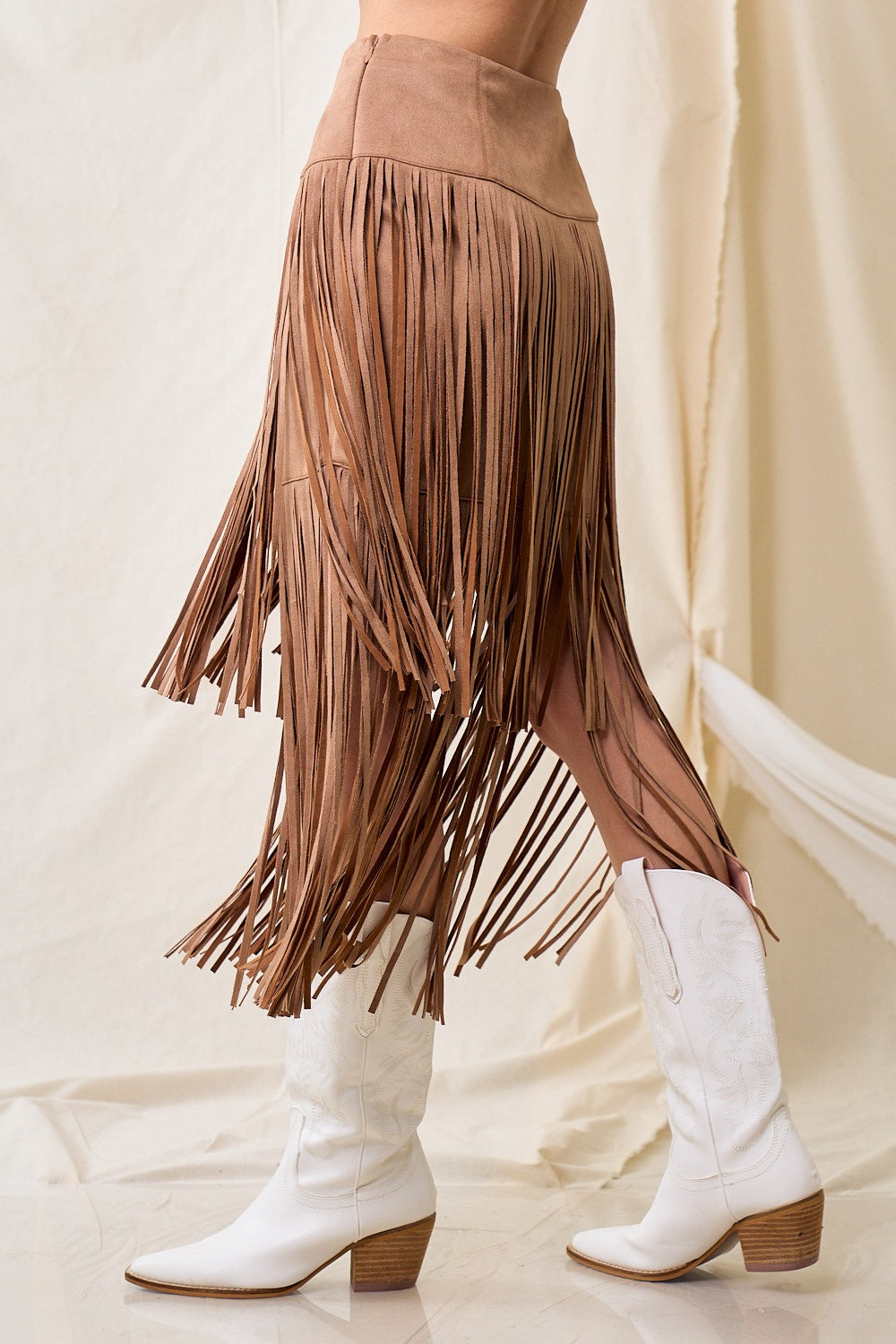 Riley Tiered Suede Fringe Midi Skirt
