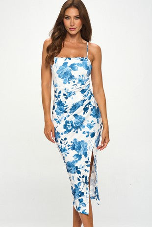 Tran white and blue floral faux wrap midi