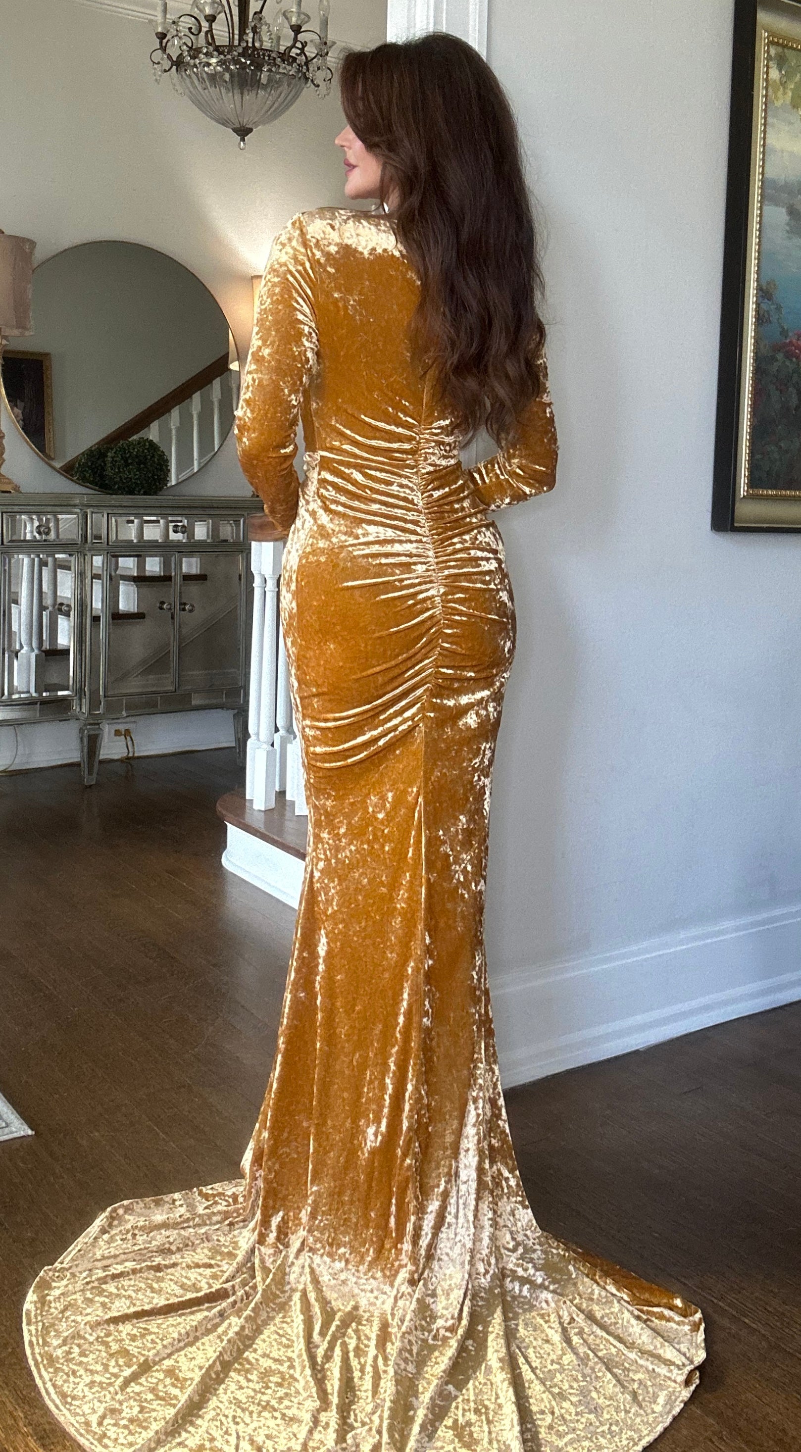 Julianna gold long sleeve velvet dress with front slit