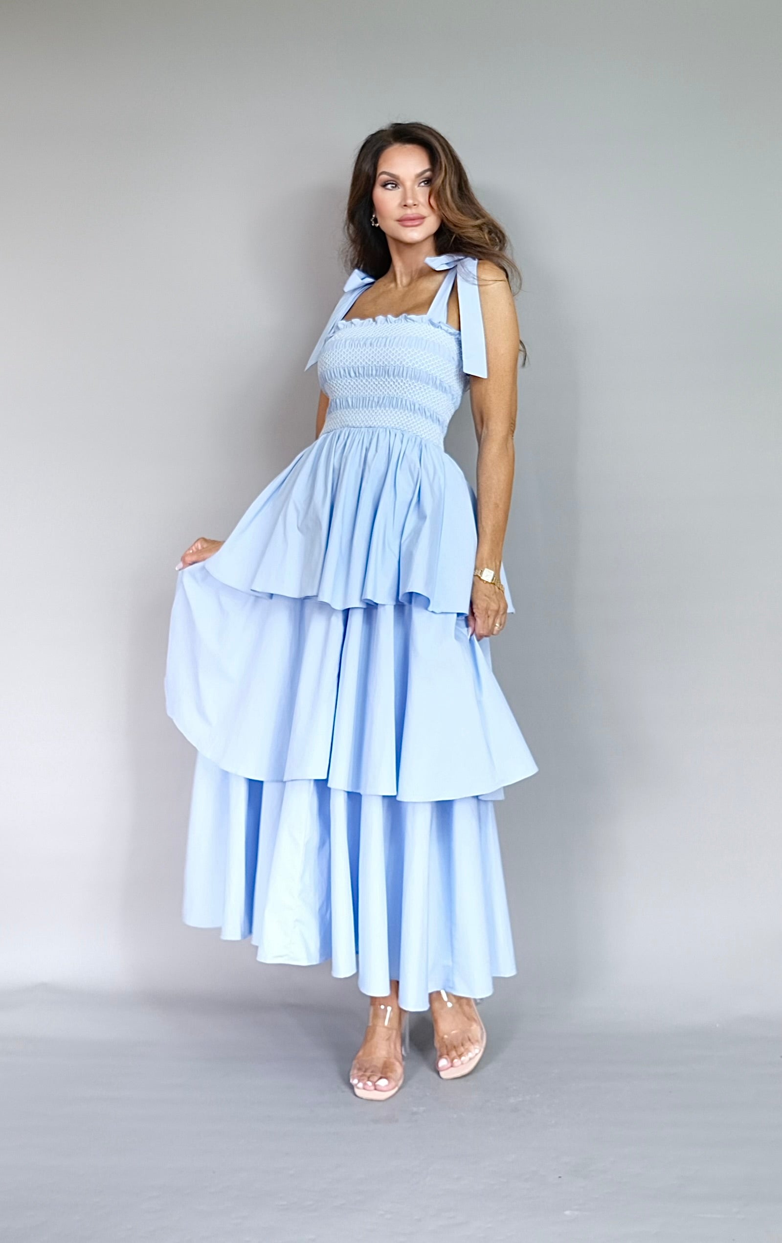 Blanca chambray poplin smocked tie strap midi dress