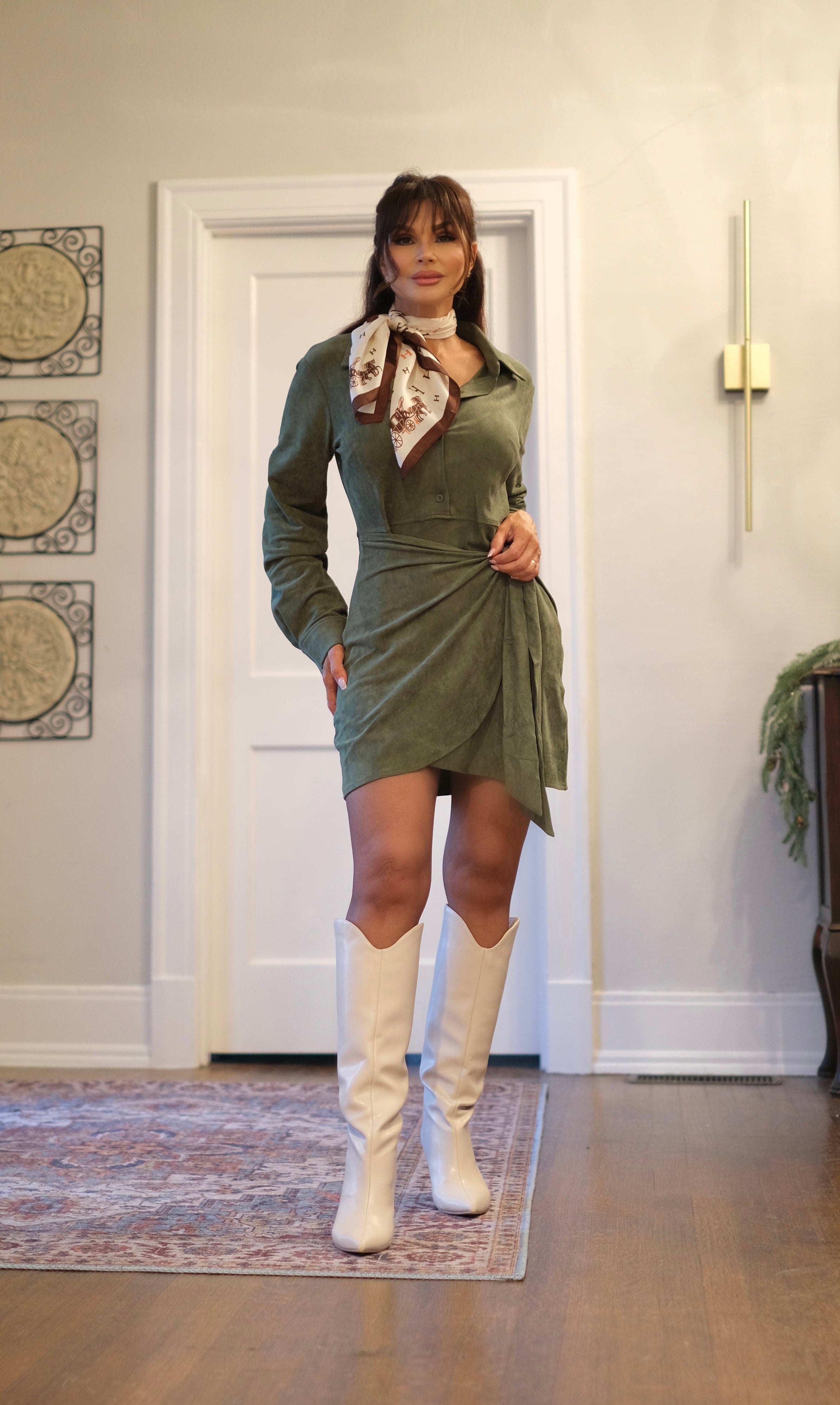 Gaylen green suede collard shirt dress with tie