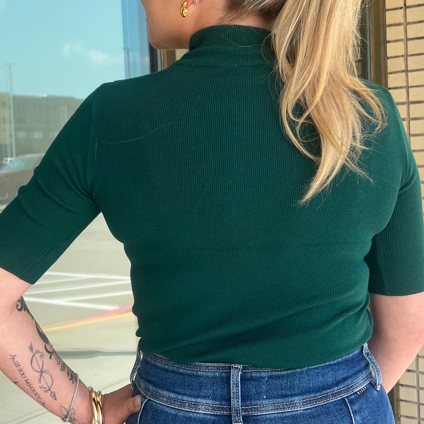 Midori Dark Green Mock Neck Ribbed Quarter Sleeve Sweater Top