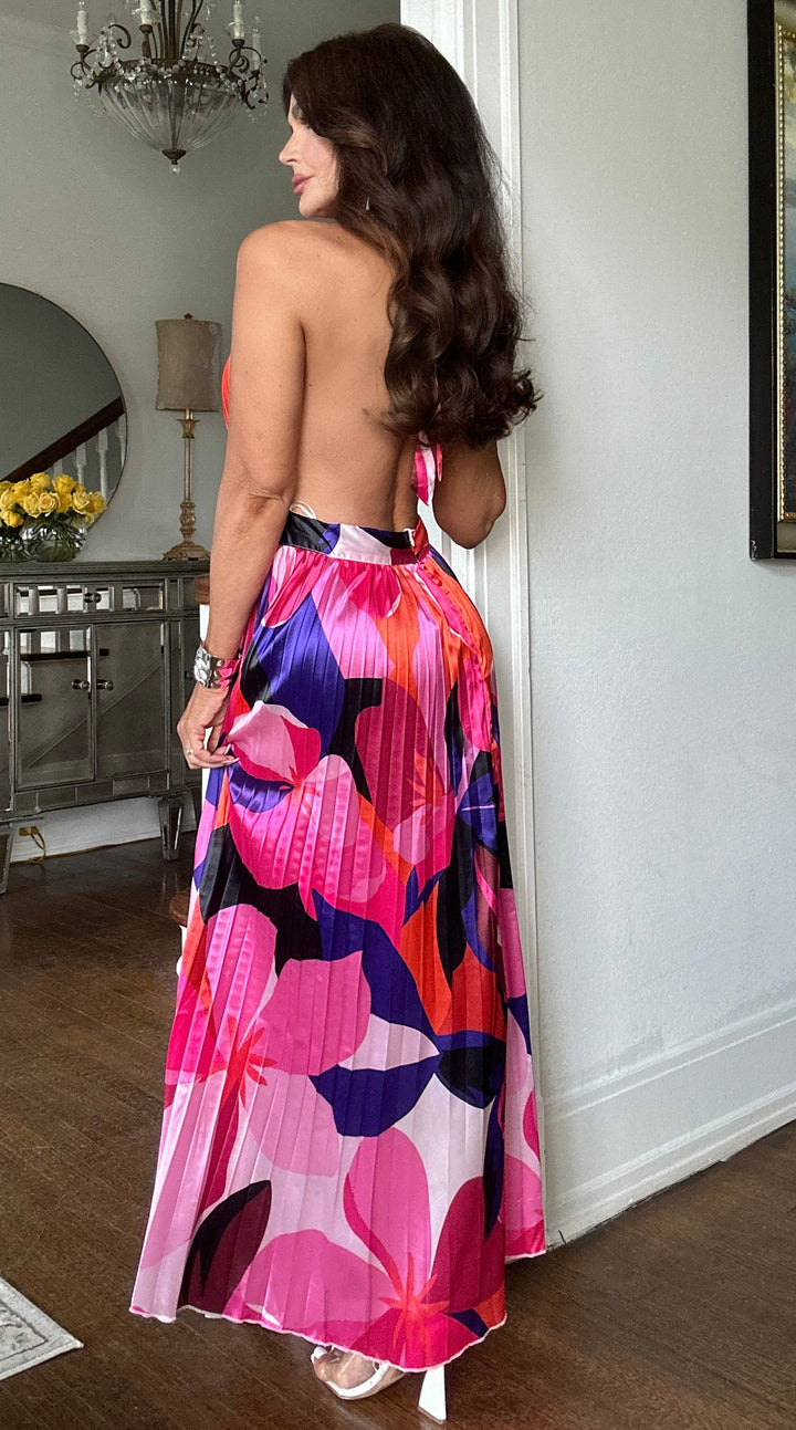 Isabella multi color floral pleated open back maxi