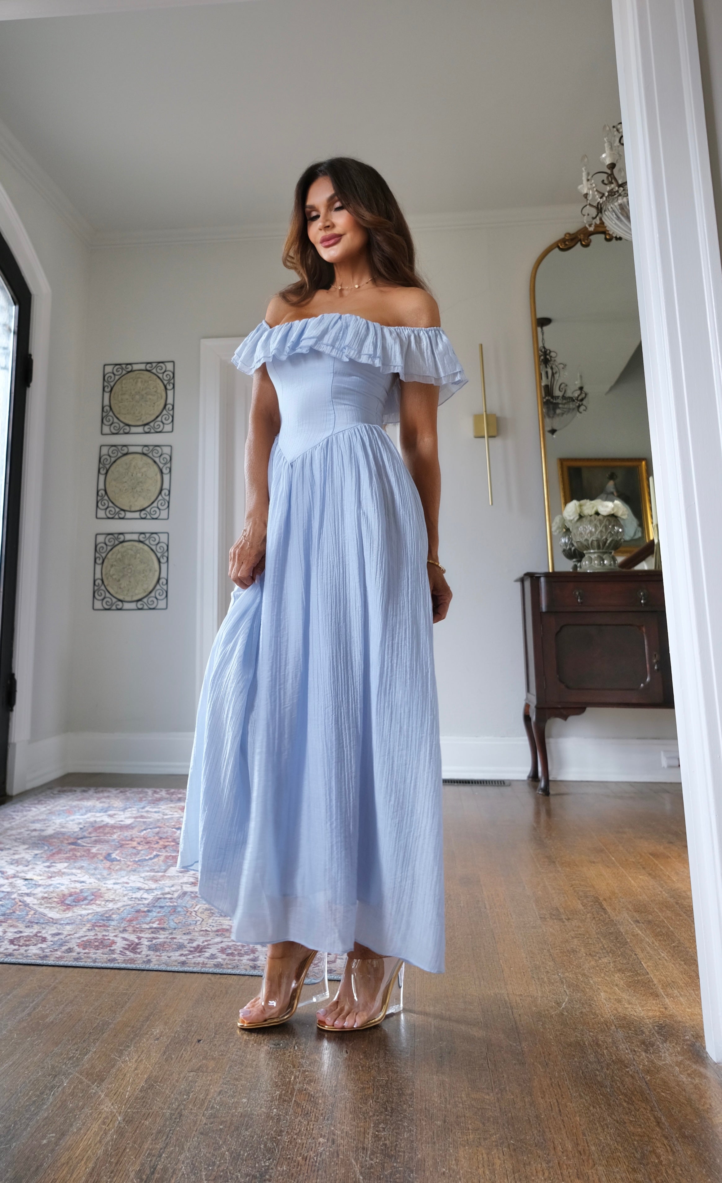 Alexis light blue textured flowy off the shoulder midi dress