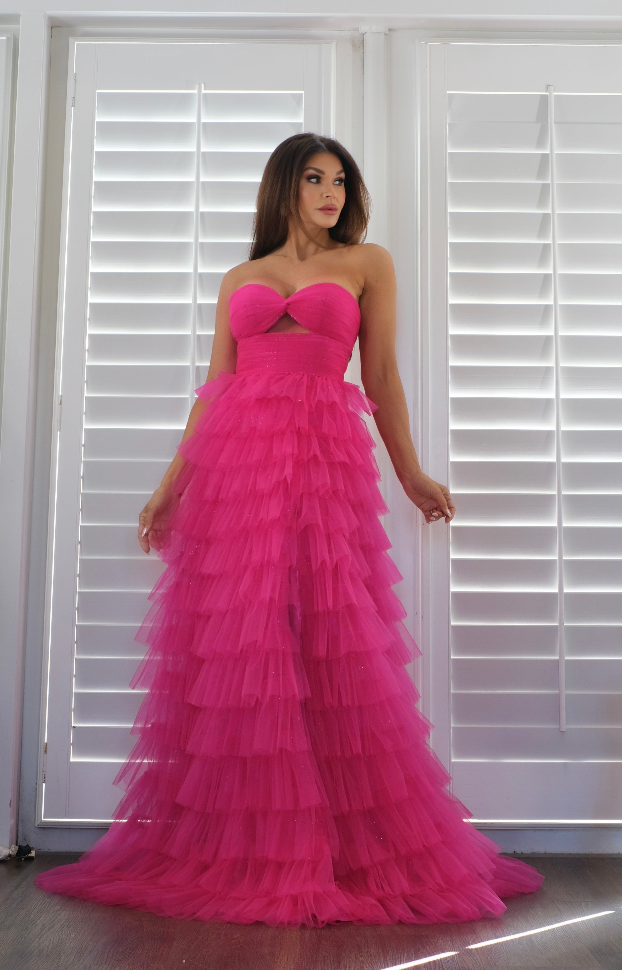 Adaline fucsia layered tulle tiered formal with slit