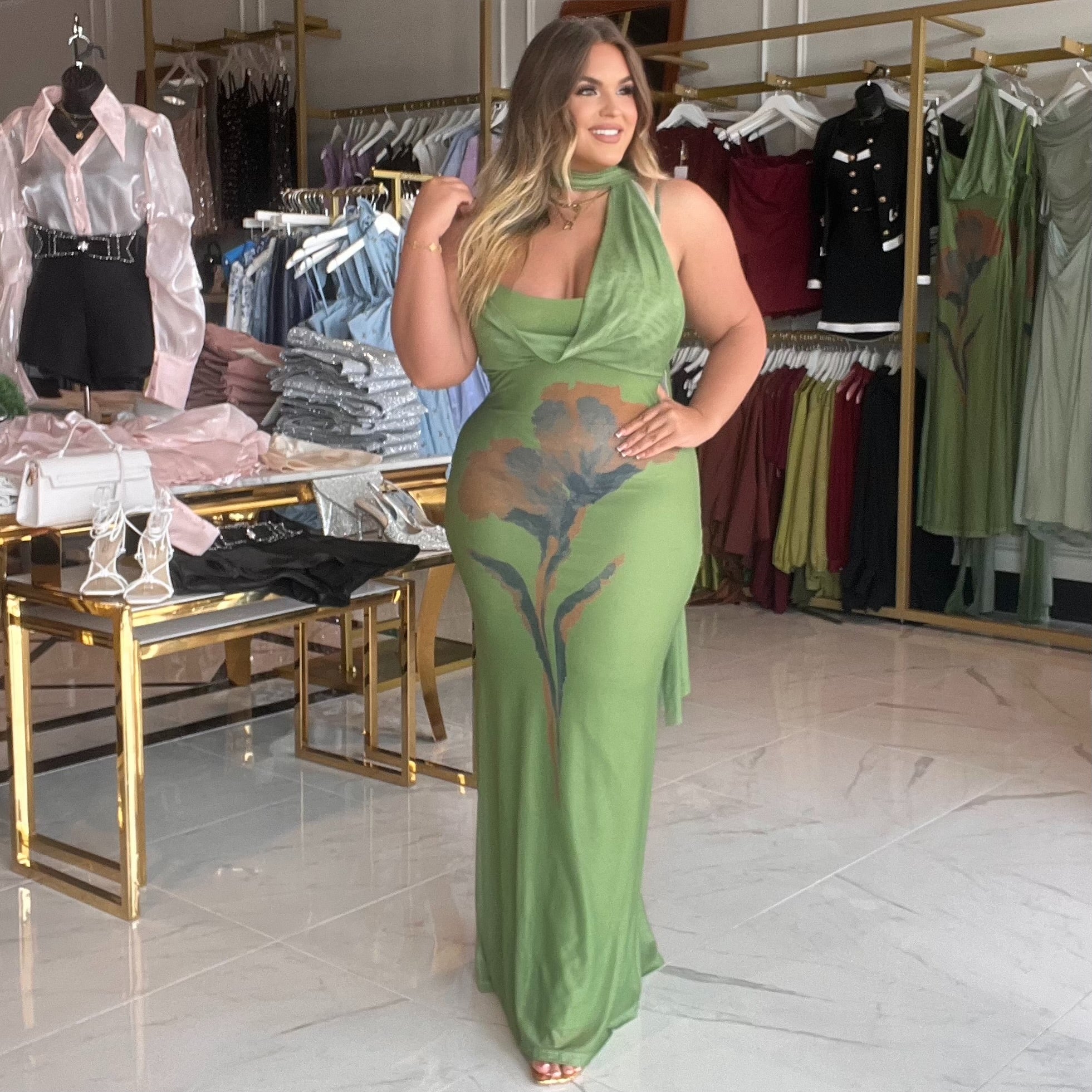 Leslie Matcha Green Midi With Floral Pattern