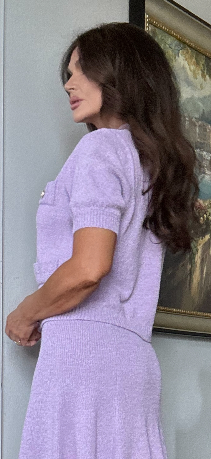 Summer Lavender puff sleeve short sleeve sweater top (set)
