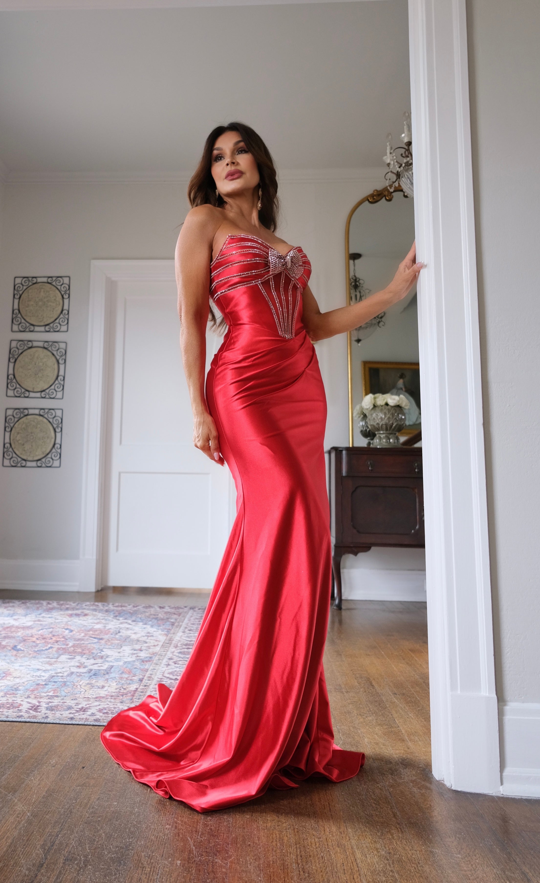 Neely red stoned bow corset top satin formal dress with slit