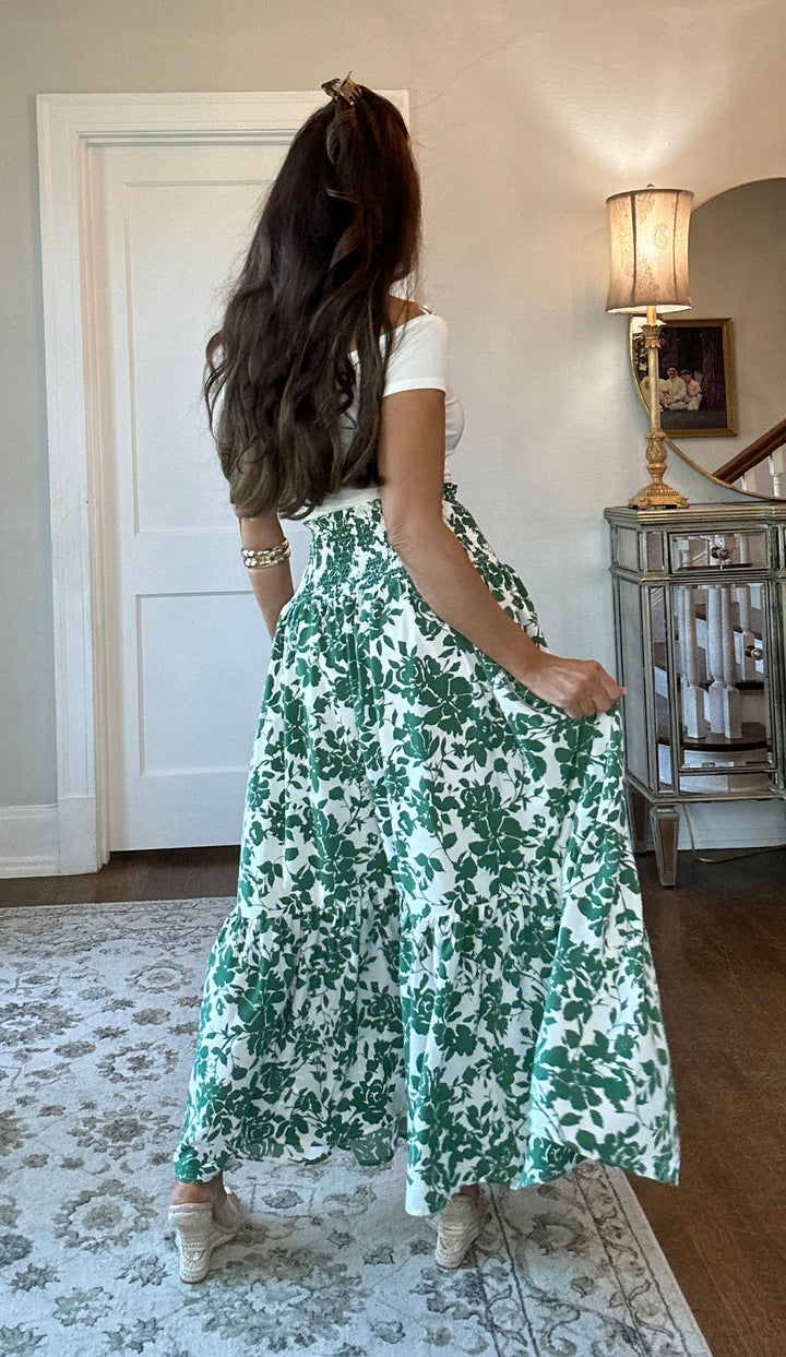 Flora green floral print peasant maxi skirt