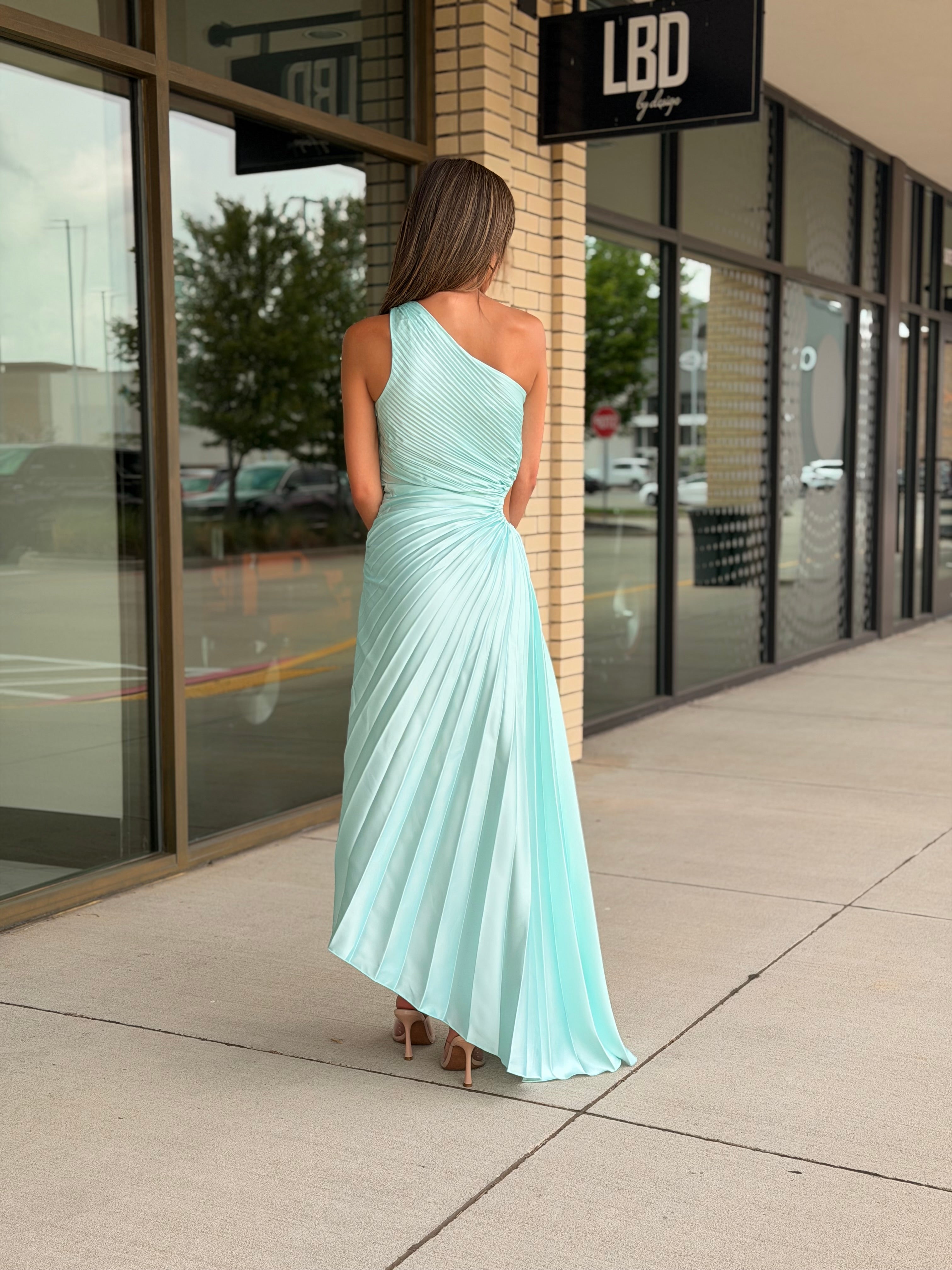 Talia Mint One Shoulder Pleated Cut Out Midi Dress