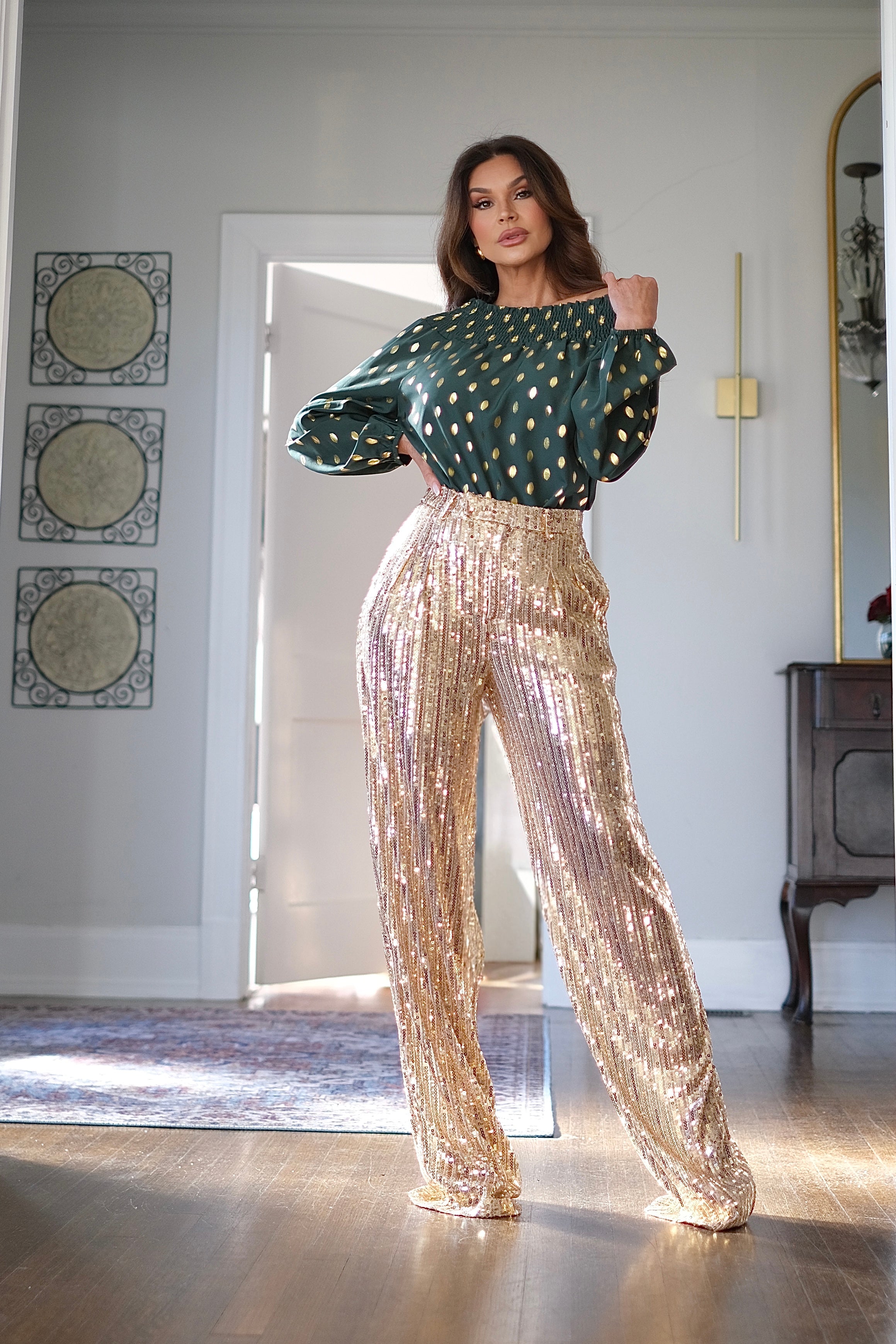 Rhone gold sequin structured trouser pant