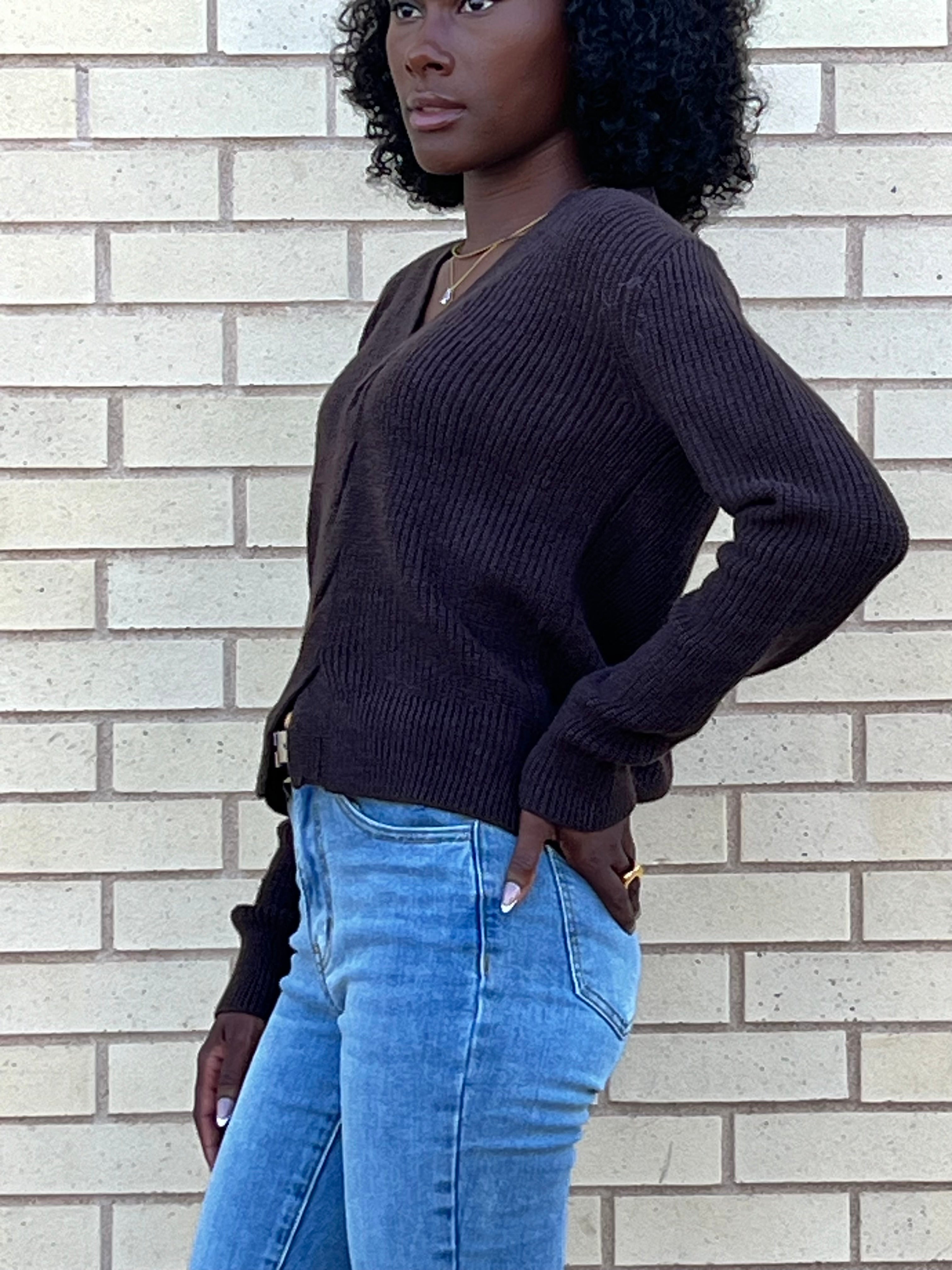 Amber Brown V-neck Sweater with Twist Detail