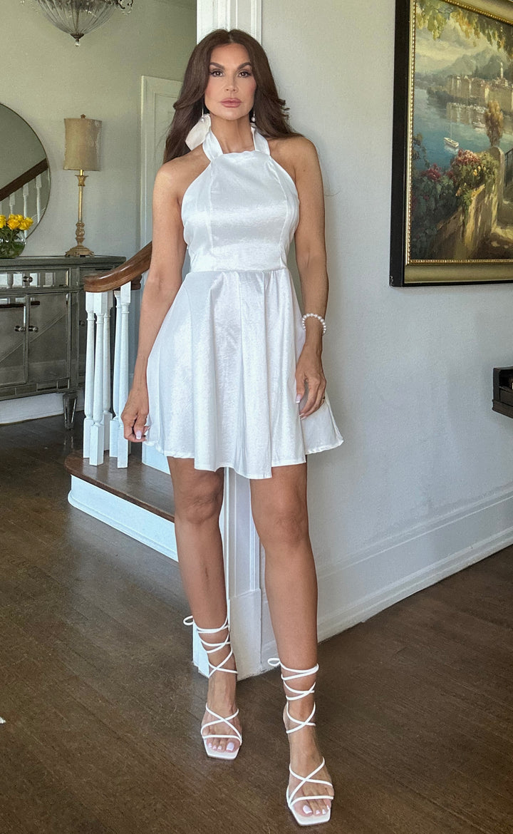 York off white fit and flare halter dress