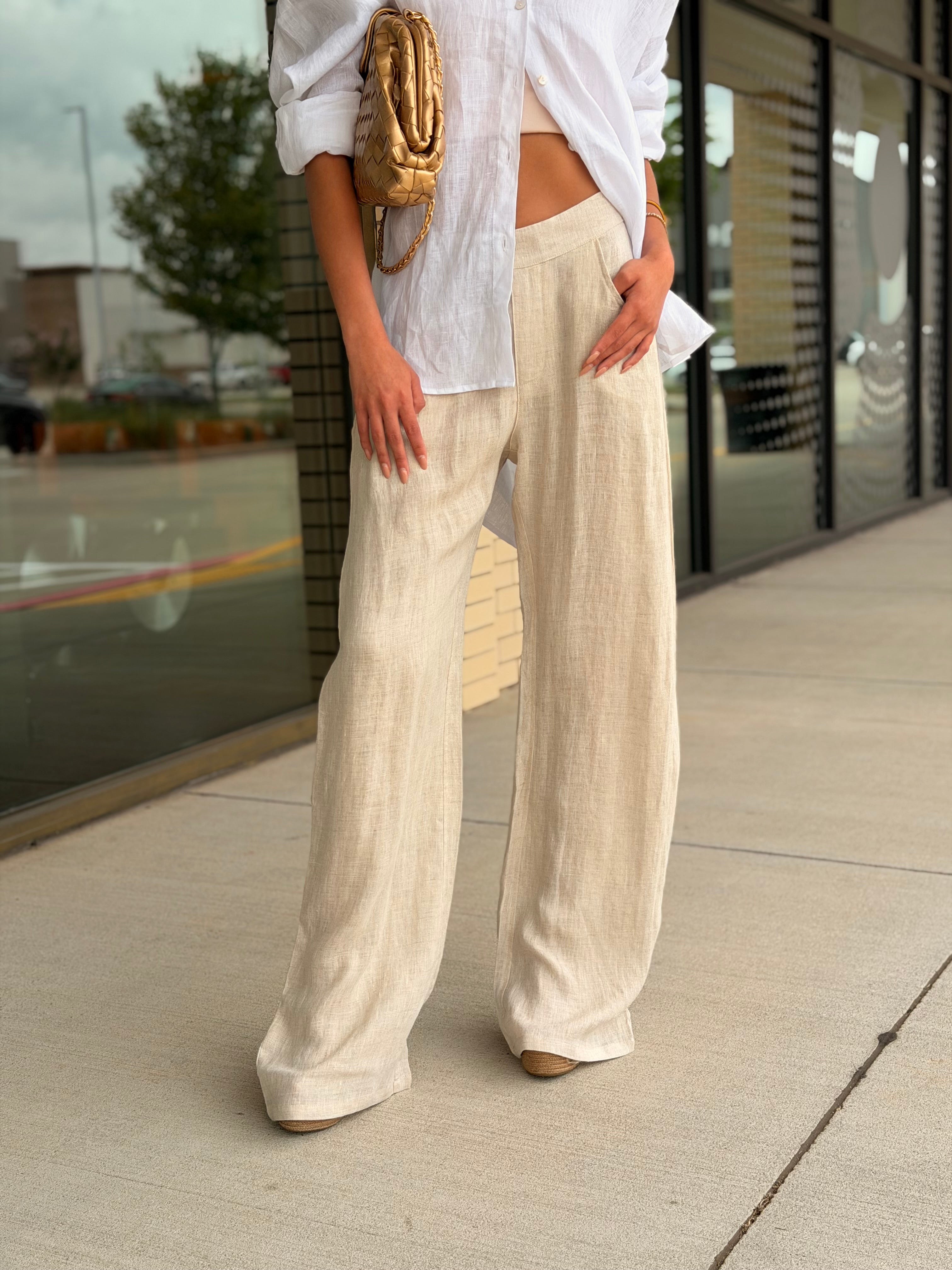Lia Almond Relaxed Wide Leg Linen Pants