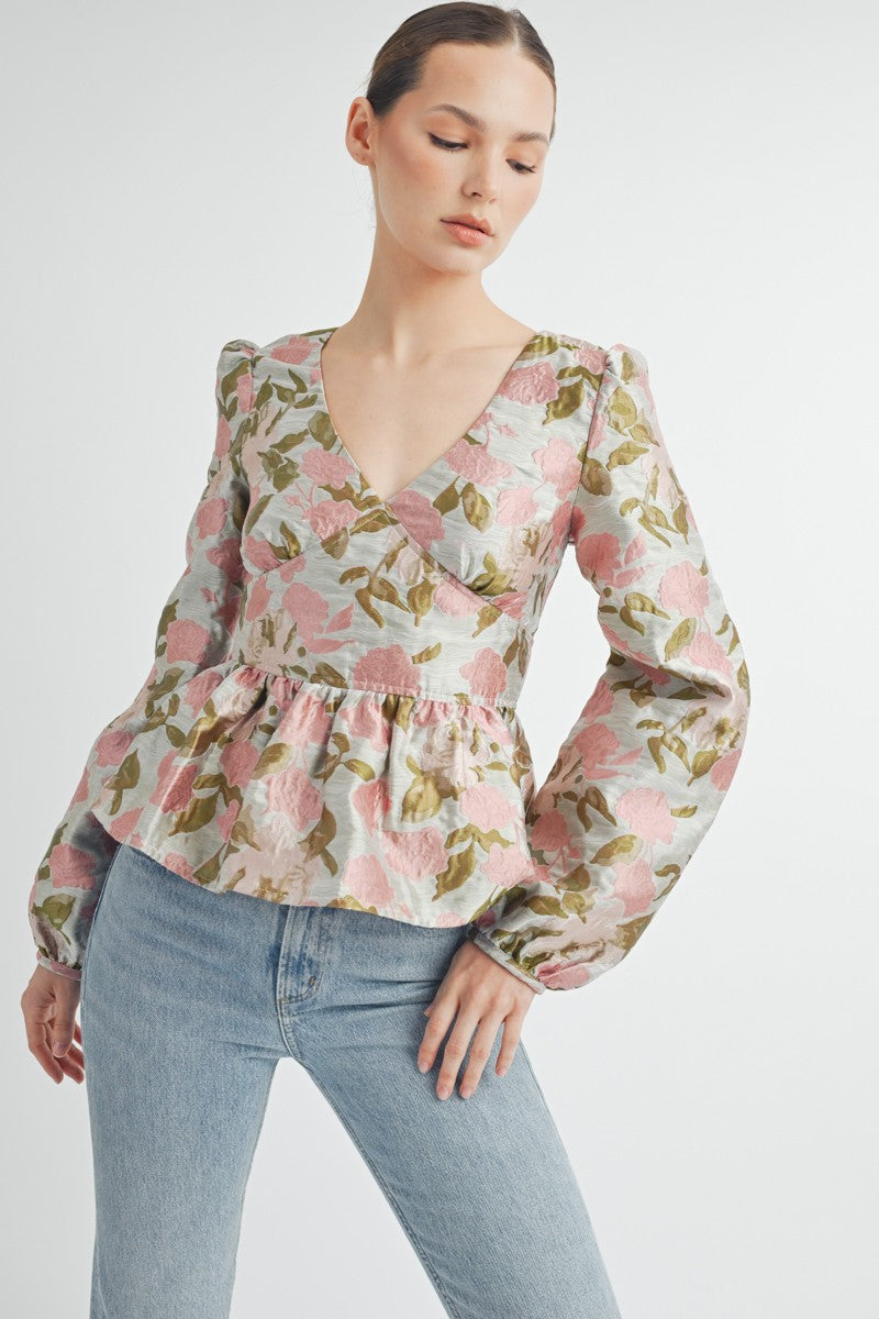 Avalon pink floral jacquard peplum top