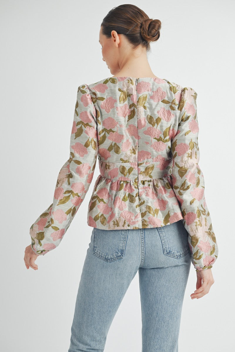 Avalon pink floral jacquard peplum top