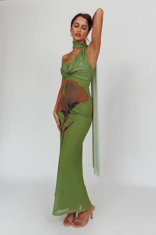 Leslie Matcha Green Midi With Floral Pattern