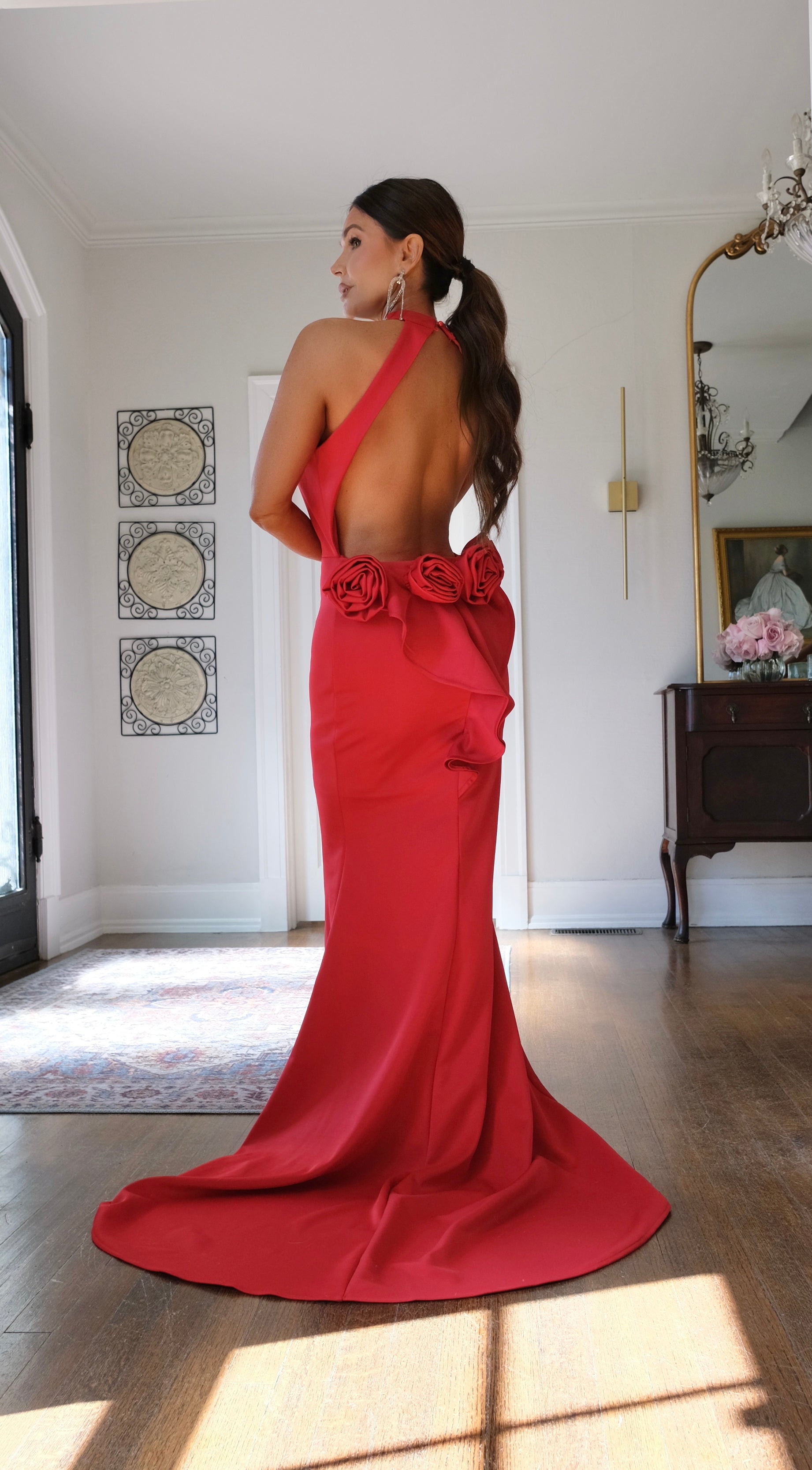 Coco red backless halter mermaid formal dress