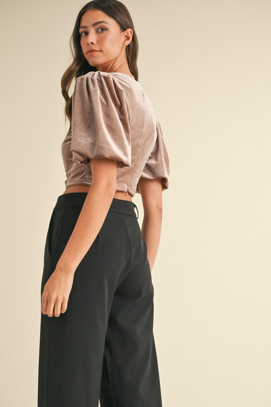 Lana mocha velvet puff sleeve crop top with jewel bow