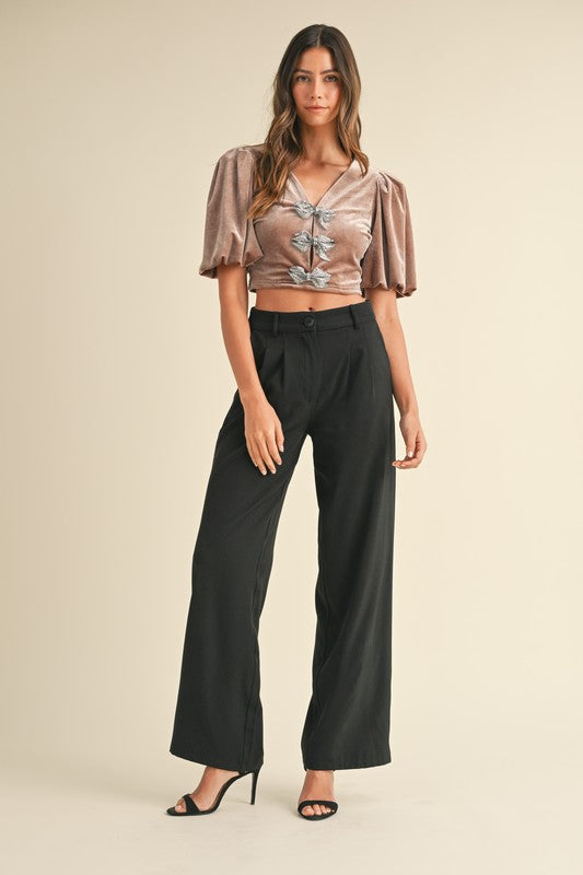 Lana mocha velvet puff sleeve crop top with jewel bow