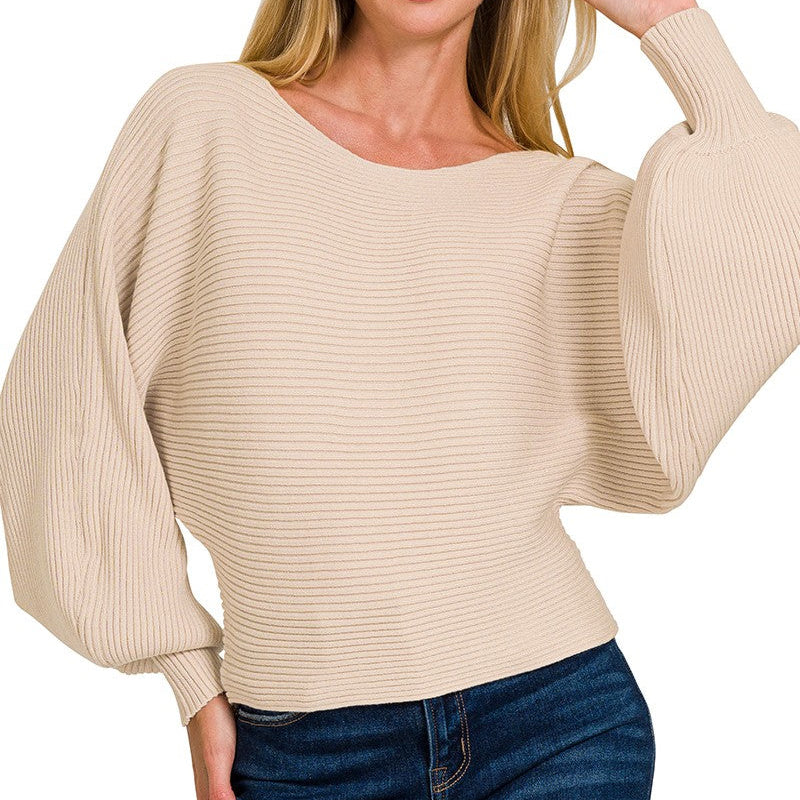 Skylar Beige Boat Neck Balloon Sleeve Sweater Top
