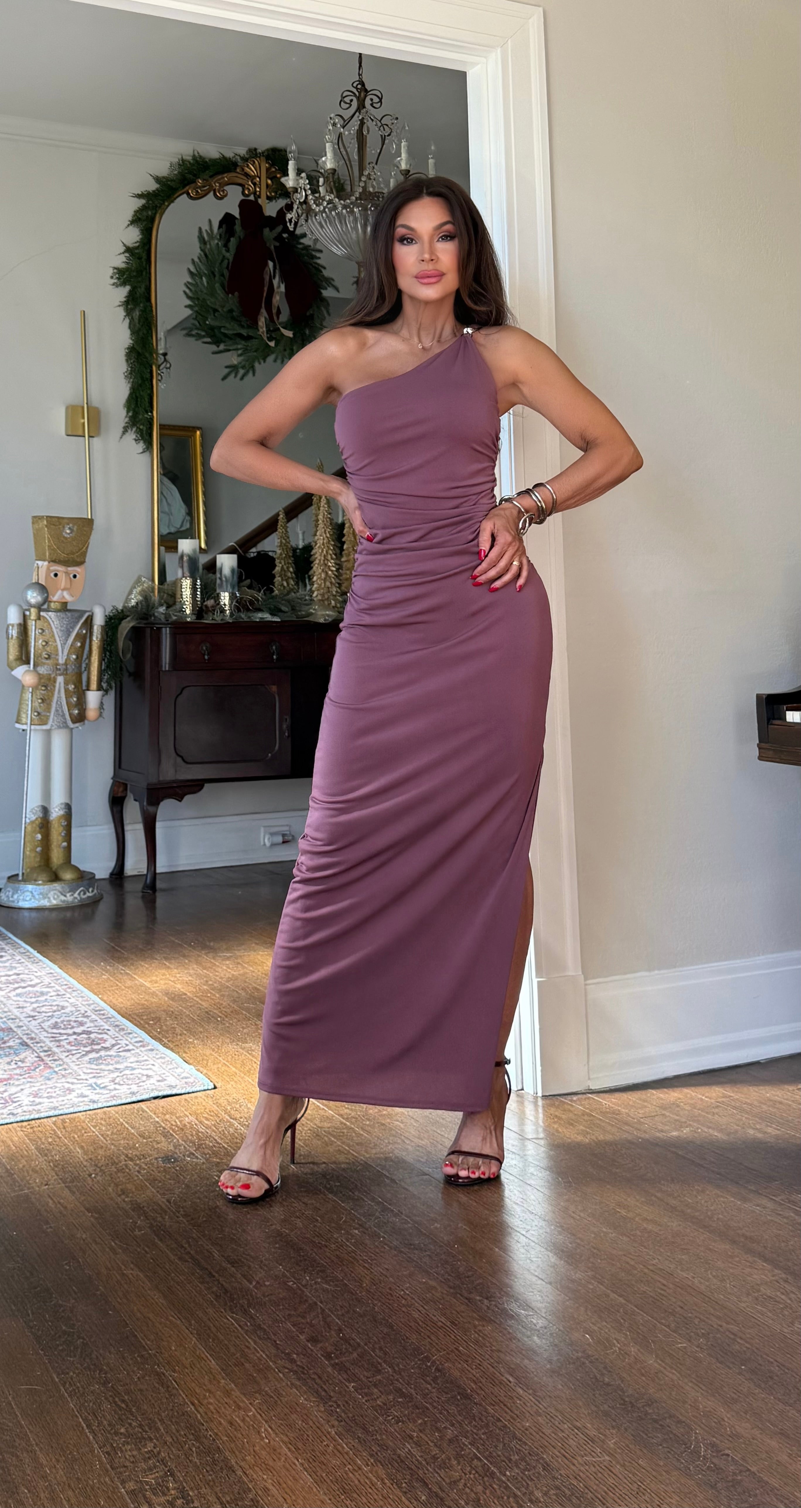 Youree dark mauve one shoulder metal buckle midi dress