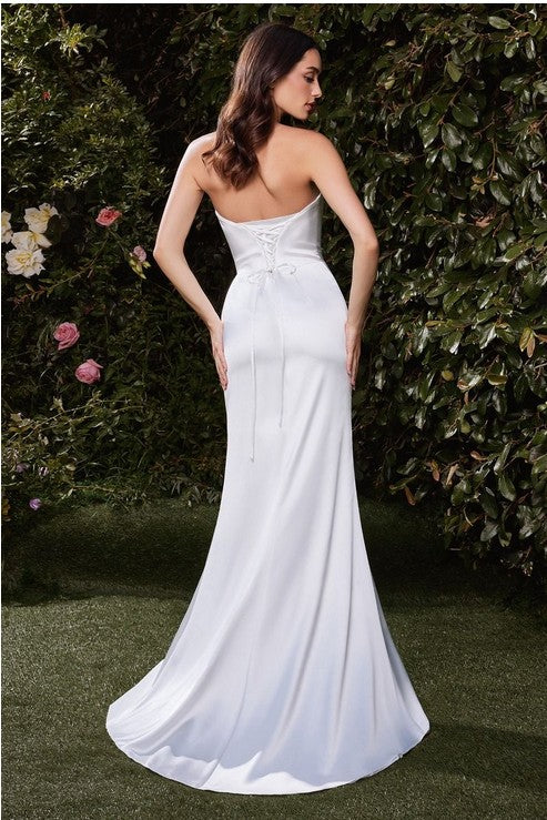 Presley Off White Satin Strapless Side Slit Neck Sash Formal Dress