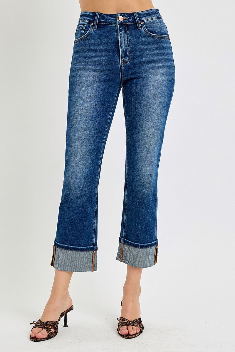 Starr medium wash high rise cuffed ankle straight jean