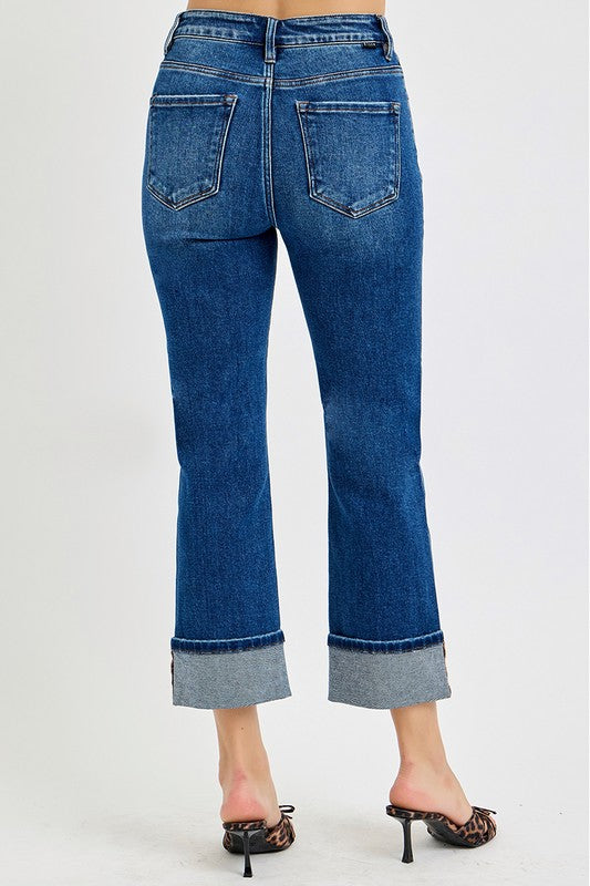 Starr medium wash high rise cuffed ankle straight jean