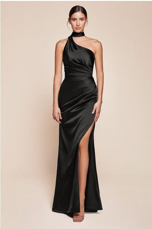 Lila Black One Shoulder Side Slit Neck Sash Formal Dress