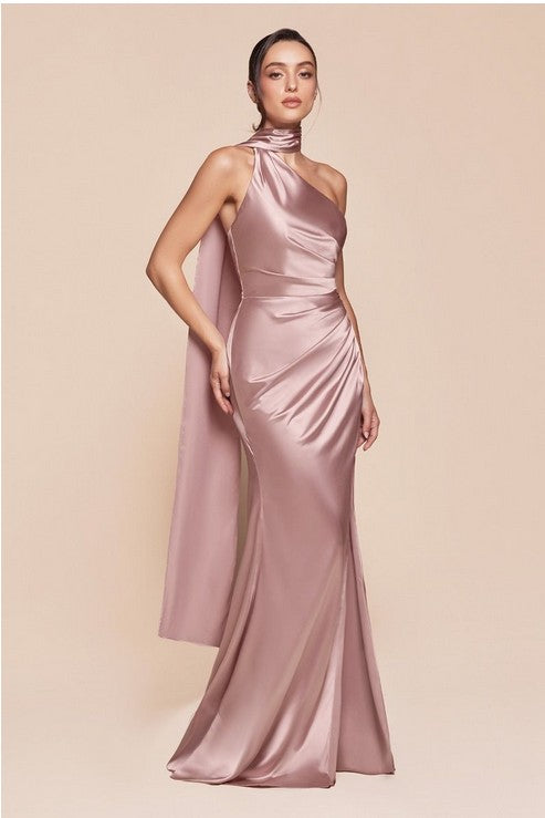 Lila Mauve Satin One Shoulder Side Slit Formal