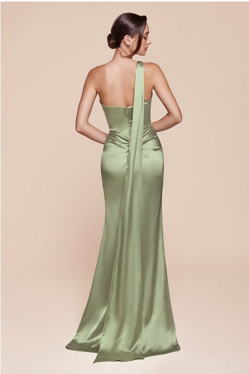 Lila Sage Satin One Shoulder Side Slit Formal
