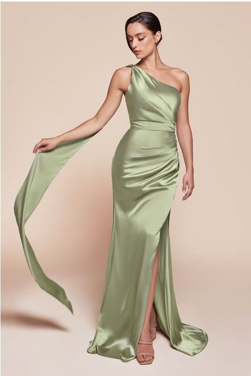 Lila Sage Satin One Shoulder Side Slit Formal