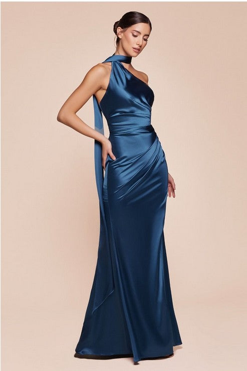Lila French Navy Satin One Shoulder Formal With Side Slit