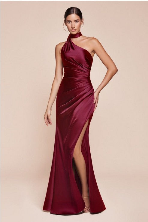 Lila Burgundy Satin One Shoulder Side Slit Formal